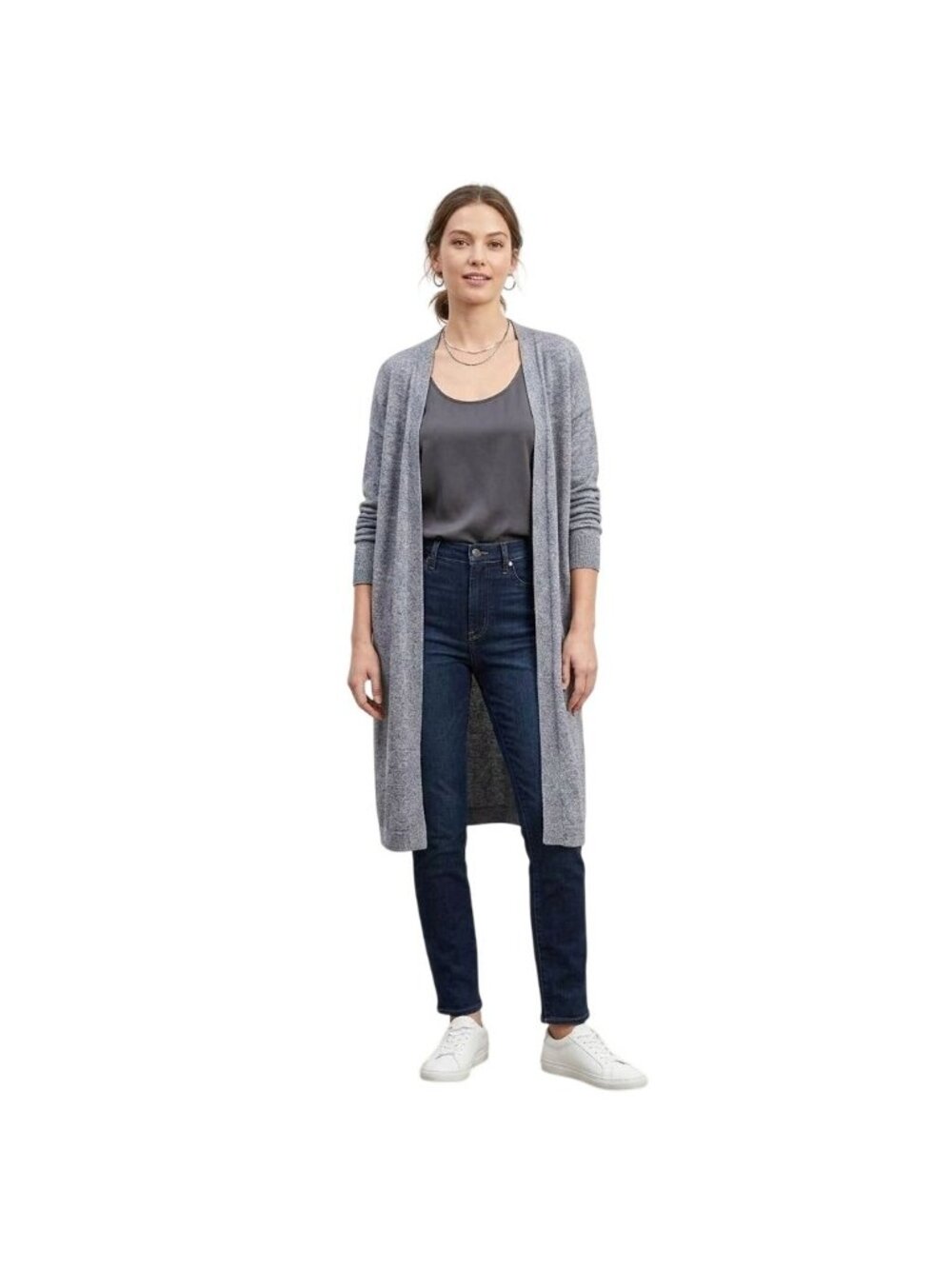 Gap Cardigan Sweater Size Medium Heather Gray Long Open Front Shawl Collar